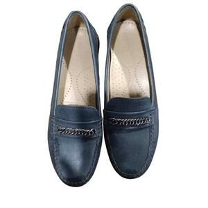 Geox Respira Leather Loafers with Chain Detail, Blue,‎ Size 7.5